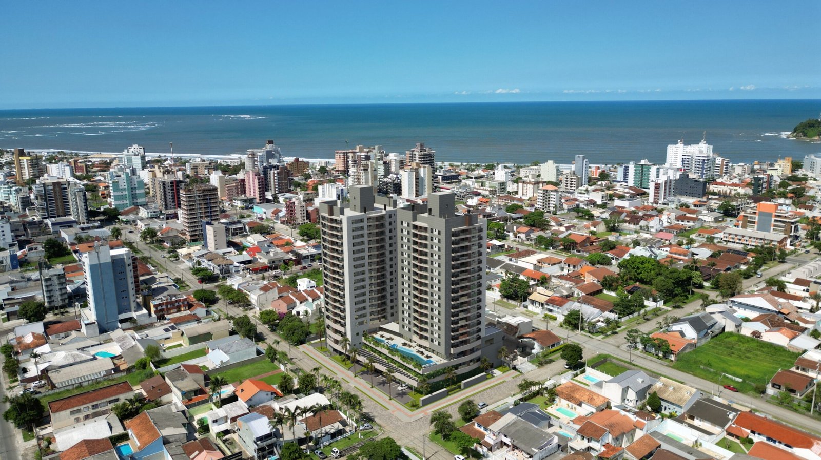 Vista aérea do empreendimento no contexto da cidade