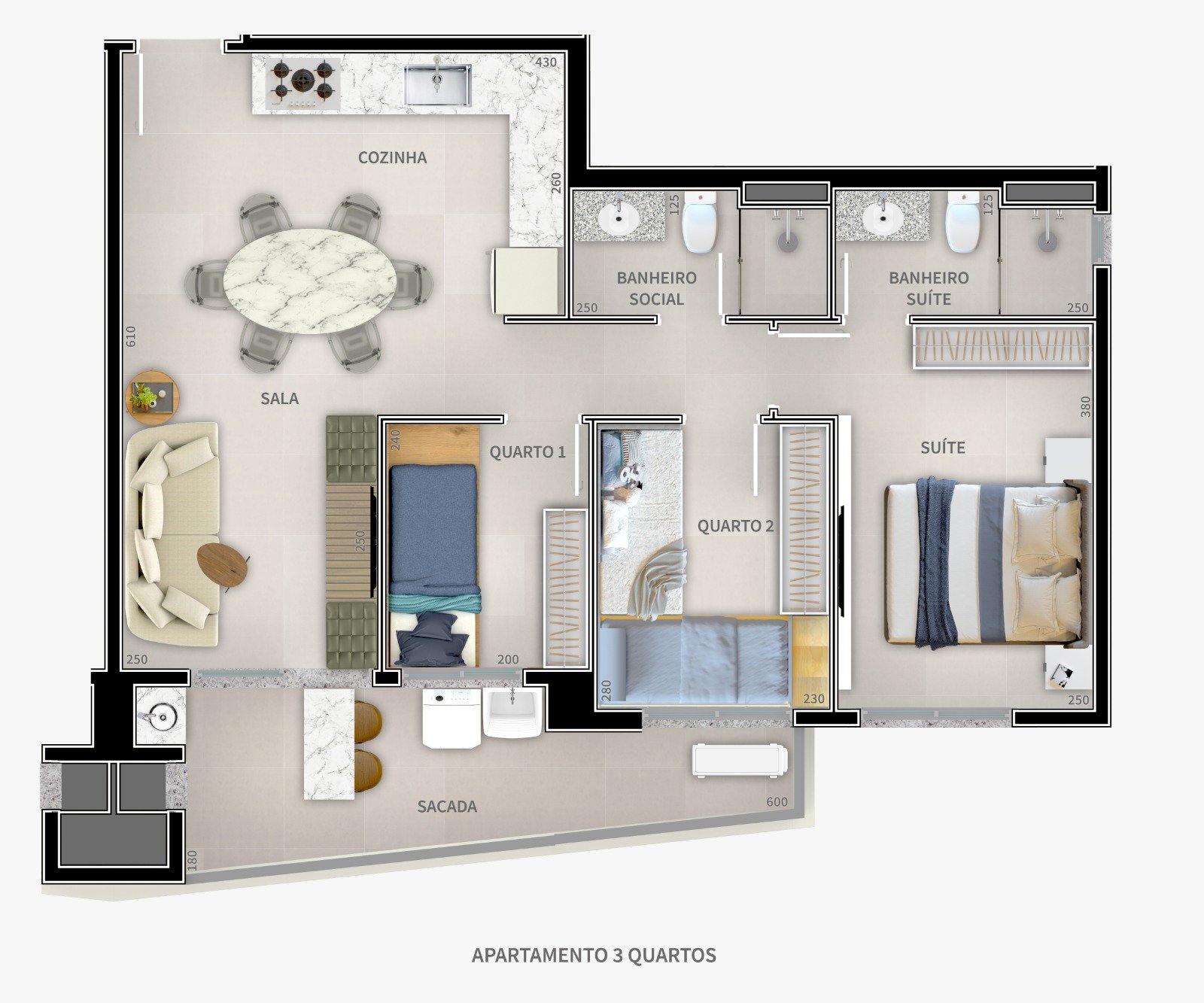 Planta Apartamento 3 Quartos — Kaena Guaratuba